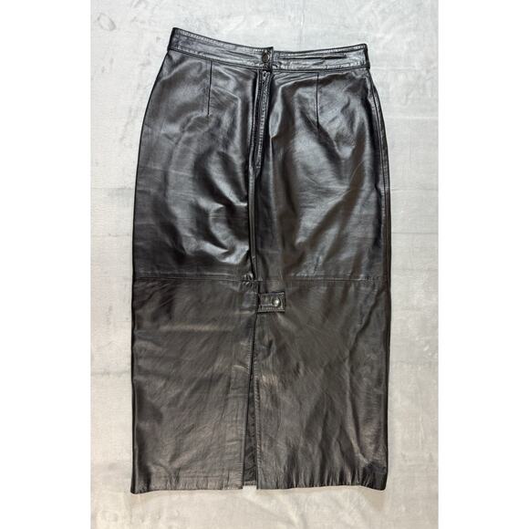 Vintage Dominique Leather Black Size 10 High Waist Midi Pleated 80s 90s - Picture 9 of 11